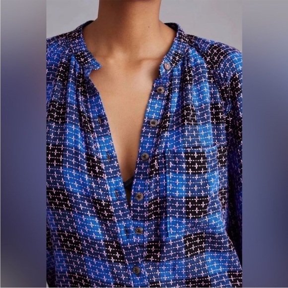 Anthropologie Pilcro Femme Plaid Buttondown Blue Pink Shirt Top Sz M Petite - Picture 2 of 16